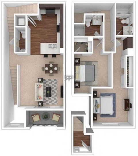 Floor plan for 2 beds, 2.5 baths, 1298 sqft